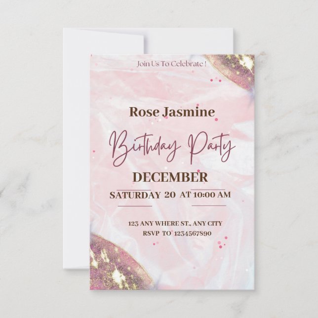 Invitación fiesta de cumpleaños color rosa y agua blanca (Anverso)