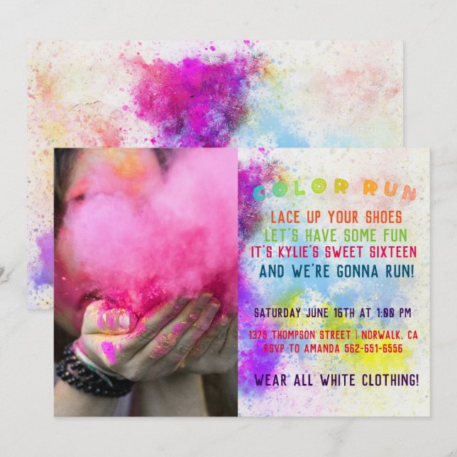 Invitación Fiesta de Cumpleaños Color Run (Anverso / Reverso)