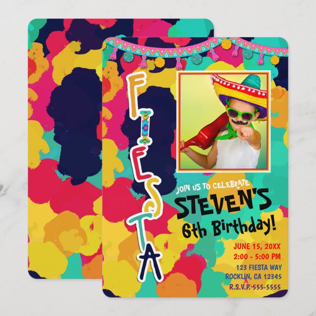 Invitación Fiesta de Cumpleaños Colorida de Pintura Fotos par (Anverso / Reverso)