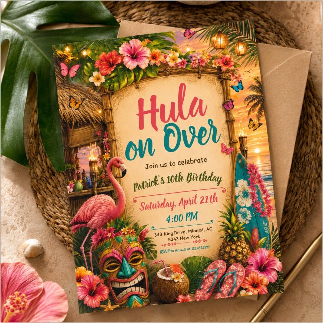 Invitación fiesta de cumpleaños colorida fiesta LUAU tropical (Subido por el creador)