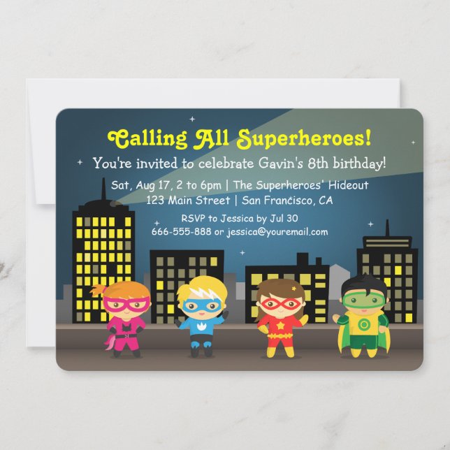Invitación Fiesta de cumpleaños colorida linda del super (Anverso)