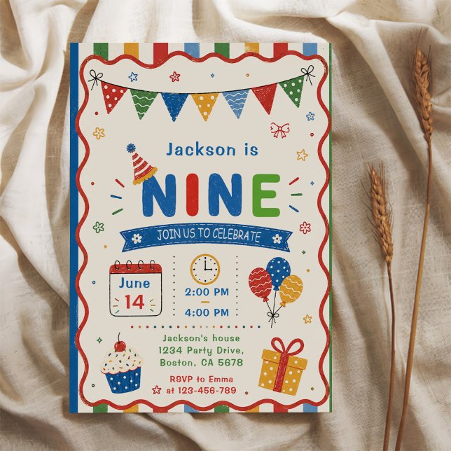 Invitación Fiesta de cumpleaños colorida NUEVE 9 (Subido por el creador)