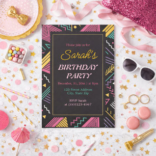 Invitación Fiesta de cumpleaños colorida y retro en negro