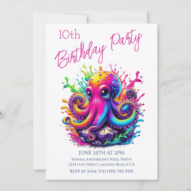 Invitación Fiesta de cumpleaños - Colorido Esplash de pulpo (Anverso)
