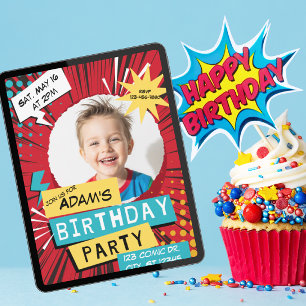 Invitación Fiesta de Cumpleaños Cómic Rojo con Imagen