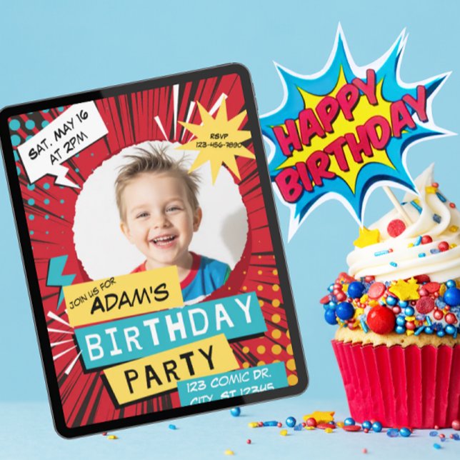 Invitación Fiesta de Cumpleaños Cómic Rojo con Imagen (Subido por el creador)