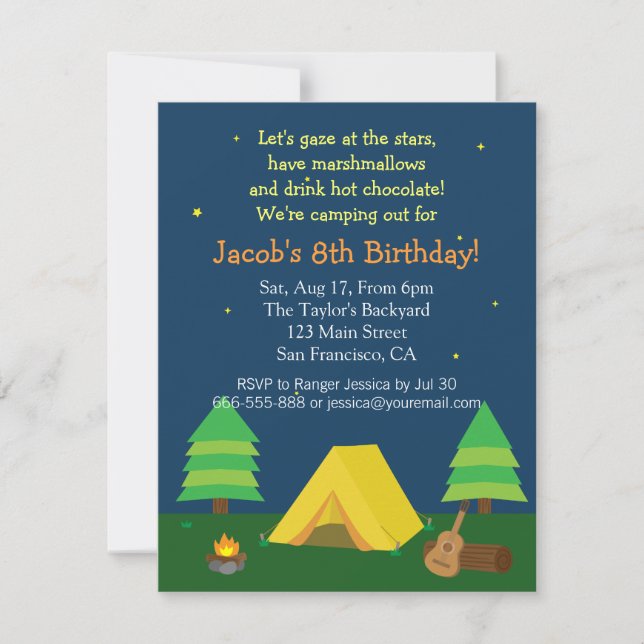 Invitación Fiesta de cumpleaños con acampada y pijamada en el (Anverso)