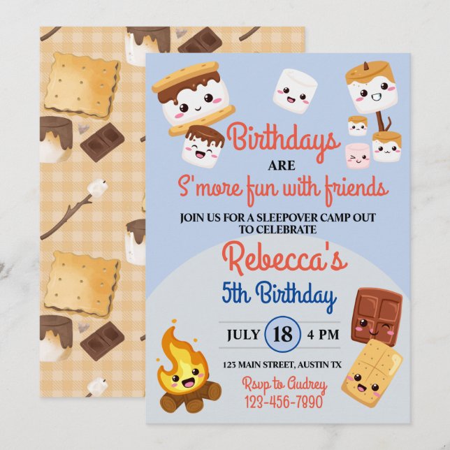 Invitación Fiesta de cumpleaños con acampada y S'mores lindos (Anverso / Reverso)