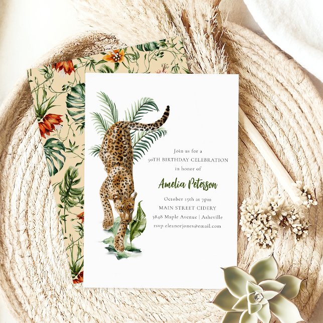 Invitación Fiesta de cumpleaños con acuarela de leopardo de l (Subido por el creador)