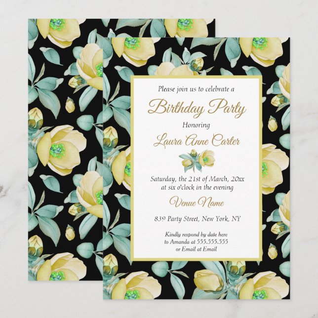 Invitación Fiesta de Cumpleaños con Acuarela Floral Amarillo  (Anverso / Reverso)