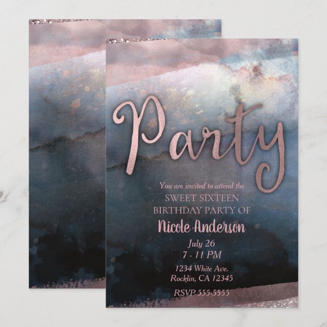 Invitación Fiesta de Cumpleaños con Acuarela Moderna Rosa Dor (Anverso / Reverso)