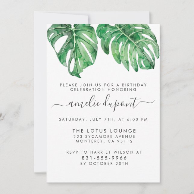 Invitación Fiesta de cumpleaños con acuarela Monstera y escri (Anverso)