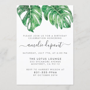 Invitación Fiesta de cumpleaños con acuarela Monstera y escri