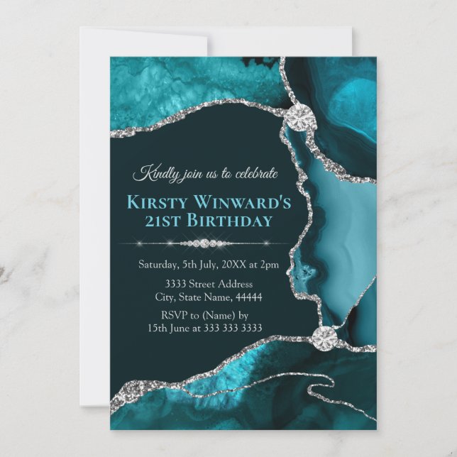 Invitación Fiesta de cumpleaños con ágata azul turquesa y bri (Anverso)