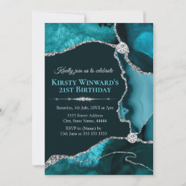 Invitación Fiesta de cumpleaños con ágata azul turquesa y bri