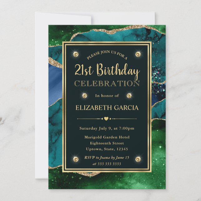 Invitación Fiesta de Cumpleaños con Agata Brillante Verde Tea (Anverso)