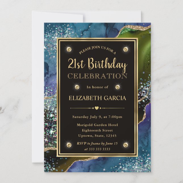 Invitación Fiesta de Cumpleaños con Agata Brillante Verde Tea (Anverso)