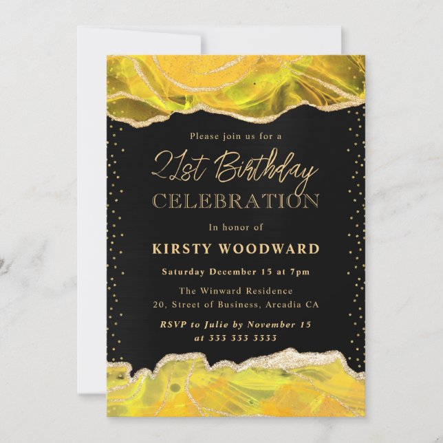 Invitación Fiesta de Cumpleaños con Agata Brillo Amarillo y D (Anverso)