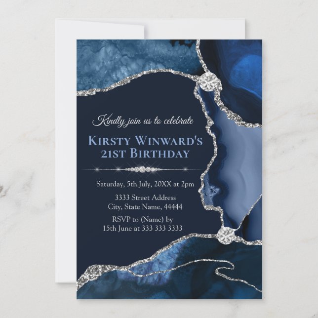 Invitación Fiesta de Cumpleaños con Ágata Brillo Azul Marino  (Anverso)