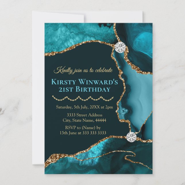 Invitación Fiesta de cumpleaños con ágata de brillo azul turq (Anverso)