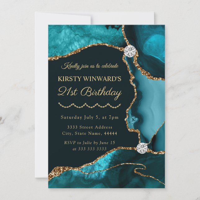 Invitación Fiesta de cumpleaños con ágata de brillo falso ver (Anverso)