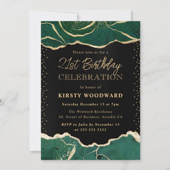 Invitación Fiesta de cumpleaños con ágata de brillo verde y d (Anverso)