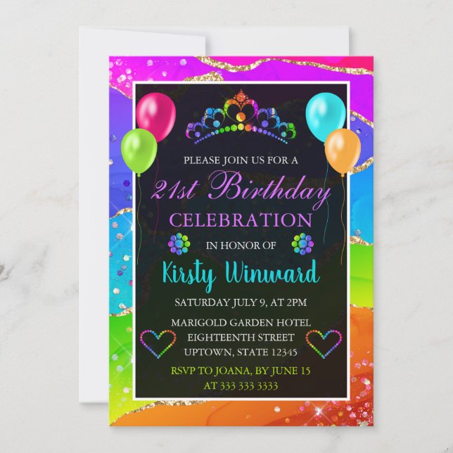 Invitación Fiesta de Cumpleaños con Agata y Brillo de Arcoíri (Anverso)
