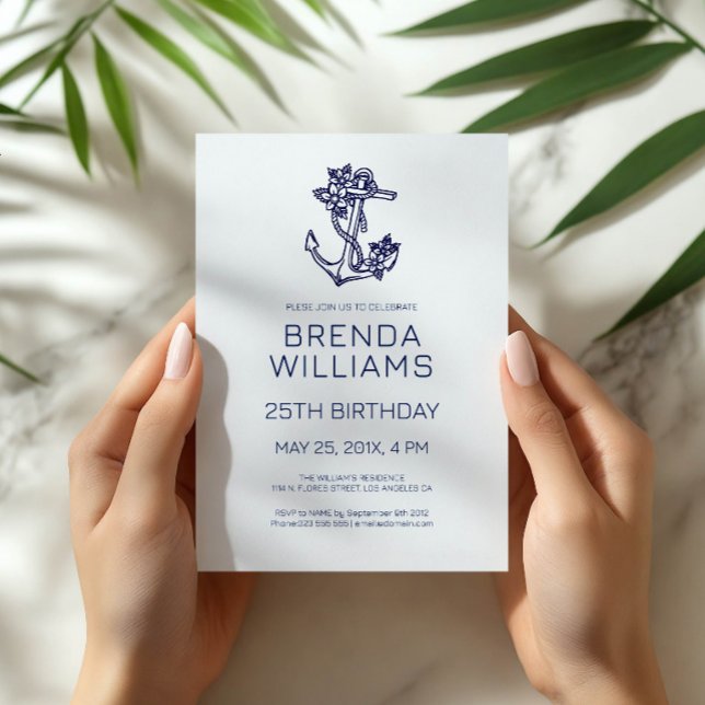 Invitación Fiesta de cumpleaños con ancla floral azul sobre b (Subido por el creador)