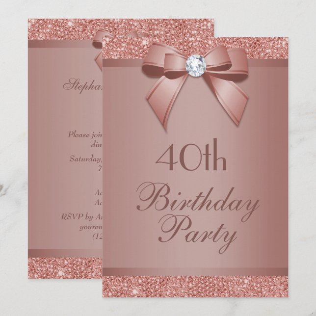 Invitación Fiesta de Cumpleaños con Arco de Rosa Dorada Glamu (Anverso / Reverso)