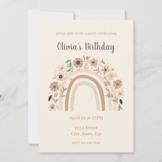 Invitación Fiesta de cumpleaños con arcoíris floral minimalis (Anverso)