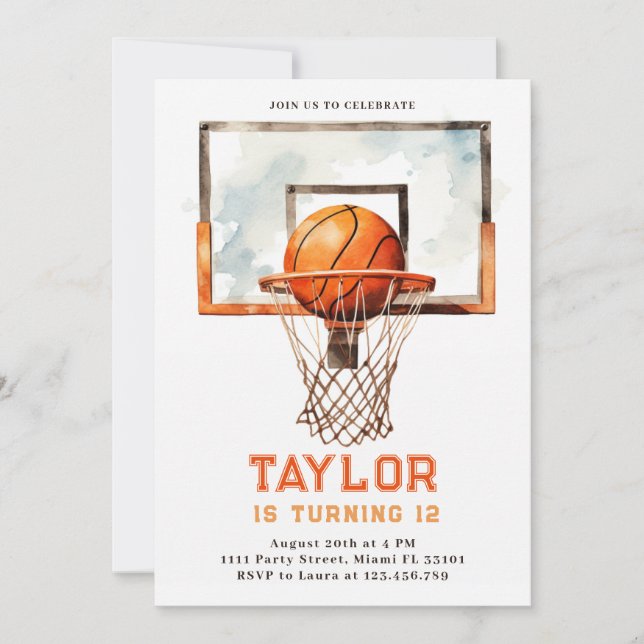Invitación Fiesta de Cumpleaños con Aro de Baloncesto en Acua (Anverso)