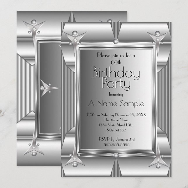 Invitación Fiesta de Cumpleaños con aspecto de Metal Cromo Pl (Anverso / Reverso)