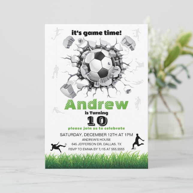 Invitación Fiesta de Cumpleaños con Balón de Fútbol (Anverso de pie)
