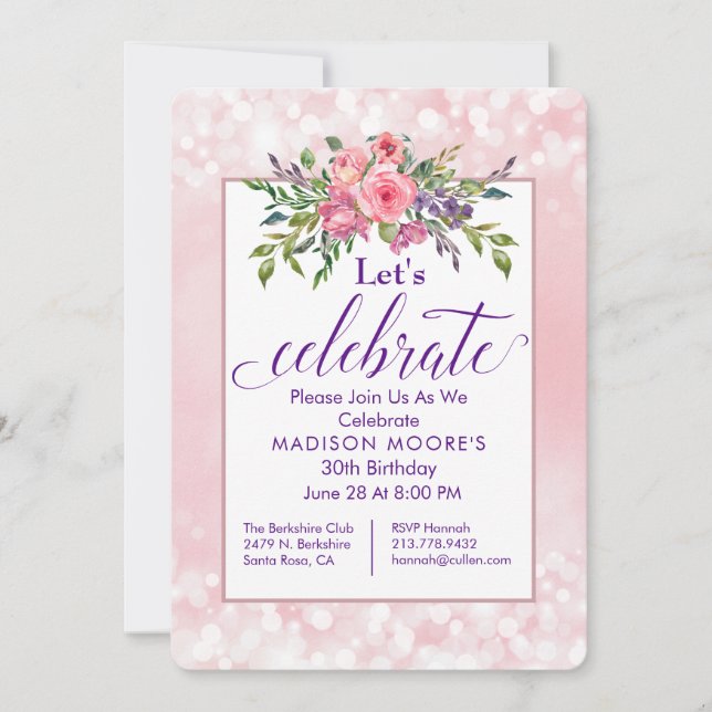 Invitación Fiesta de cumpleaños con bokeh floral rosa (Anverso)