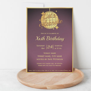 Invitación Fiesta de cumpleaños con bola de discoteca dorada 