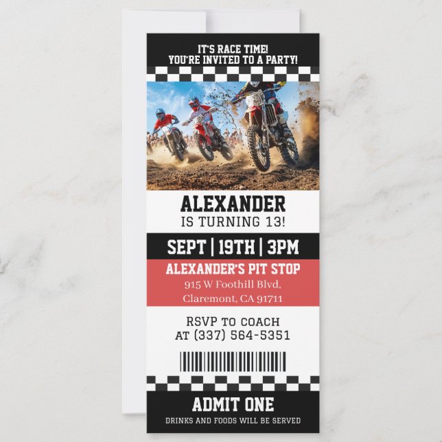 Invitación Fiesta de Cumpleaños con Boleto de Moto de Cross (Anverso)