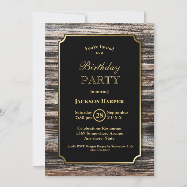 Invitación Fiesta de Cumpleaños con Borde de Madera Negro (Anverso)