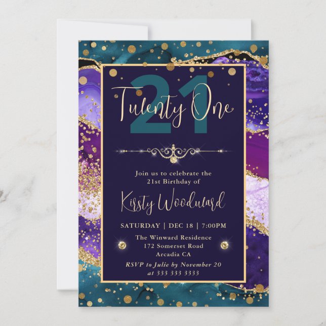 Invitación Fiesta de cumpleaños con brillo de ágata azul verd (Anverso)
