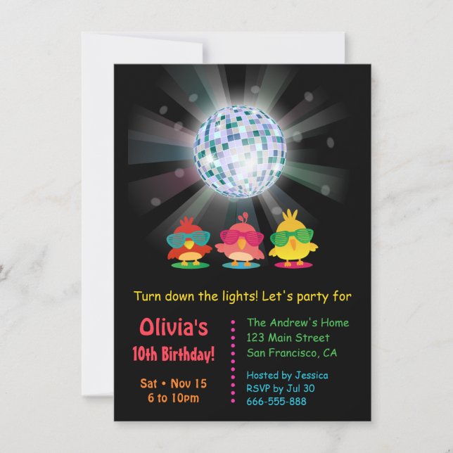 Invitación Fiesta de Cumpleaños con Brillo de Bola de Disco y (Anverso)