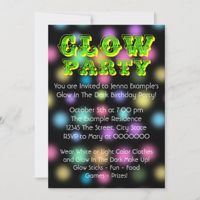 Invitación Fiesta de cumpleaños con brillo de neón en la oscu (Anverso)