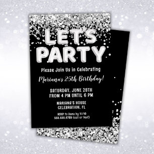 Invitación Fiesta de Cumpleaños con Brillo de Plata Negro
