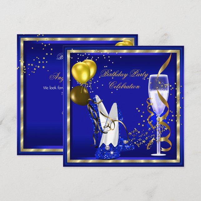 Invitación Fiesta de Cumpleaños con Brillo Dorado y Champán A (Anverso / Reverso)
