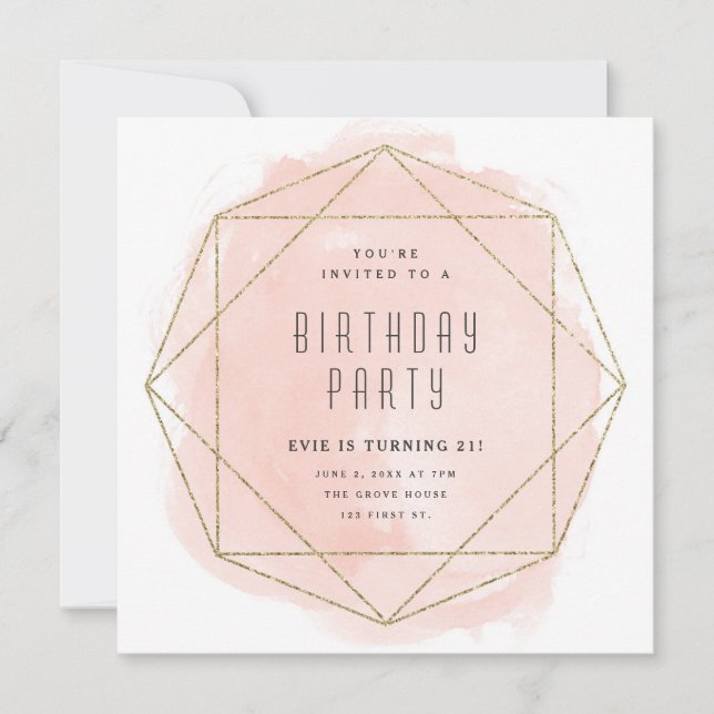 Invitación Fiesta de cumpleaños con brillo dorado y rosa rubo (Anverso)