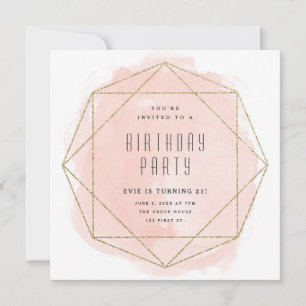 Invitación Fiesta de cumpleaños con brillo dorado y rosa rubo