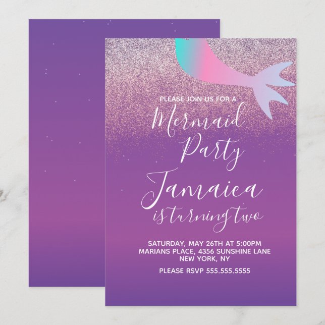 Invitación Fiesta de Cumpleaños con Brillo Falso de Sirena Om (Anverso / Reverso)