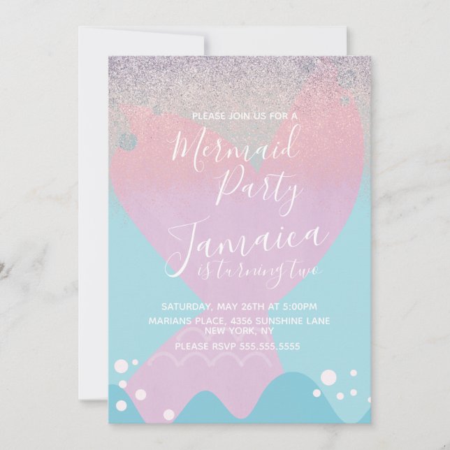 Invitación Fiesta de Cumpleaños con Brillo Falso de Sirena Pa (Anverso)