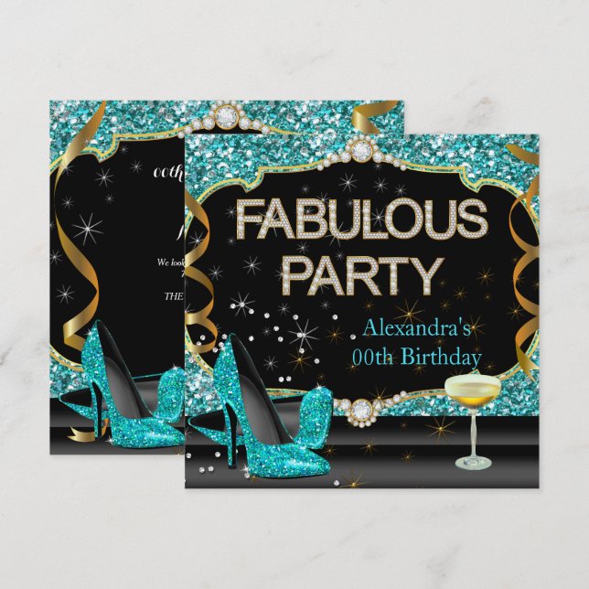 Invitación Fiesta de Cumpleaños con Brillo Negro Turquesa Fab (Anverso / Reverso)
