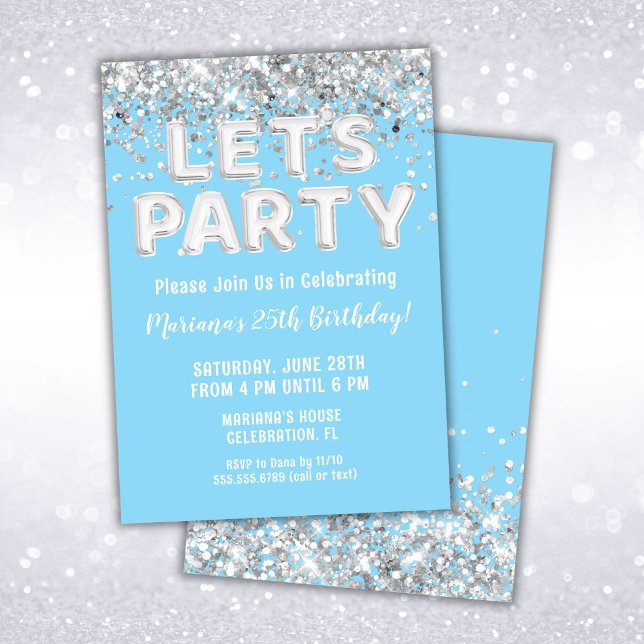 Invitación Fiesta de Cumpleaños con Brillo Plateado Azul Clar (Subido por el creador)