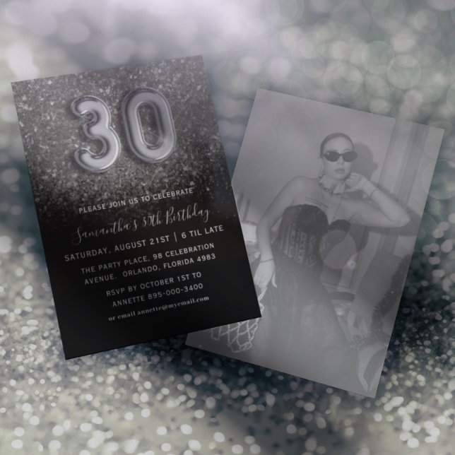 Invitación Fiesta de cumpleaños con brillo plateado y negro n (Subido por el creador)