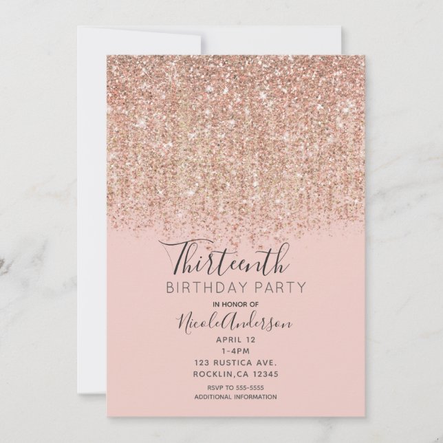 Invitación Fiesta de Cumpleaños con Brillo Rosa y Dorado Rosa (Anverso)